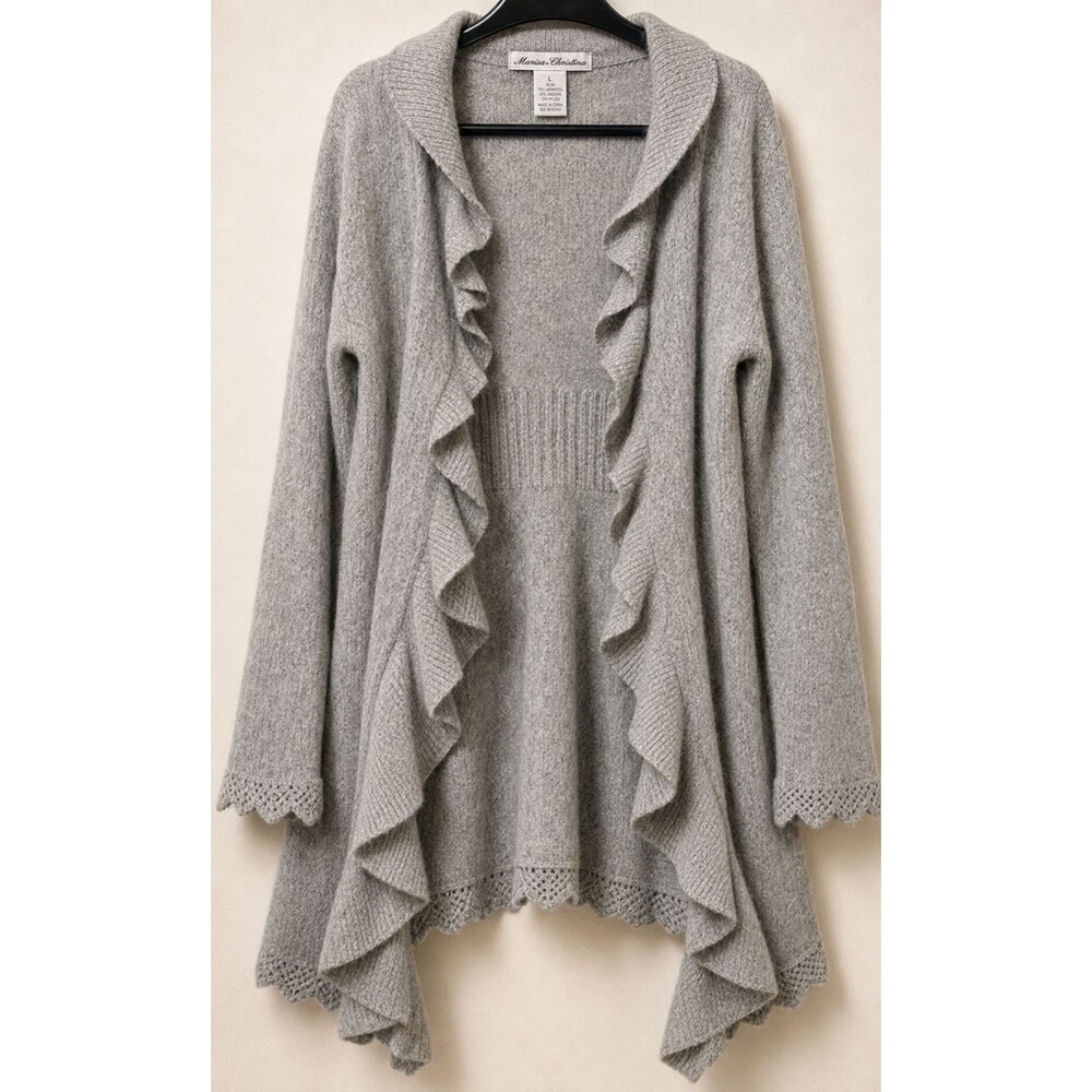 Lambswool Angora Cardigan Womens L Marisa Christina Gray Ruffle Waterfall Knit